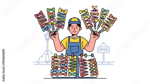 Vendor with Colorful Accessories: A cheerful vendor presents a vibrant array of hair accessories in an eye-catching display. A scene of retail charm.
