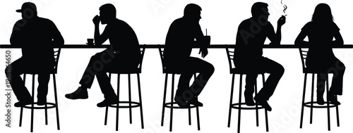 People sitting at bar counter silhouettes, cafe scene, men and women drinking coffee, smoking, social interaction, isolated on white background