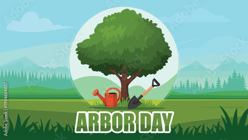 Arbor Day illustration with tree planting gardening tools nature conservation environment eco friendly concept green landscape modern flat vector design