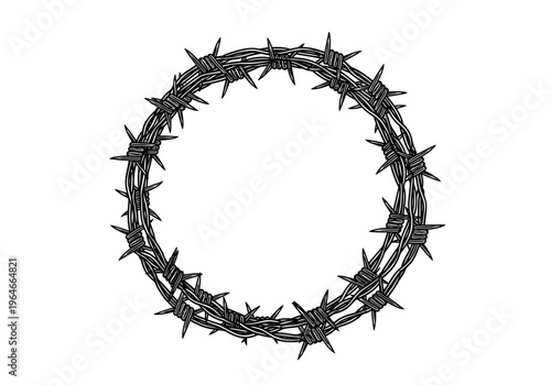 Barbed Wire Circle Frame Illustration - Black and White Vector Graphic for Security, Protection, and Prison Concepts