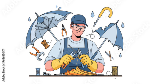 Umbrella Repair Workshop: A skilled artisan meticulously repairs umbrellas in a workshop setting.