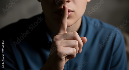 Man with finger on lips gesture, secretive expression, dark background .Generated-AI