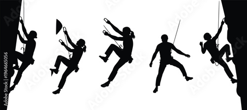 Rock climbing people silhouettes collection, climbers rappelling and ascending on ropes, extreme sport adventure activity isolated on white background illustration