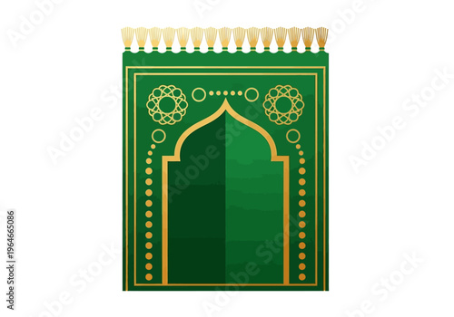 Green Islamic Prayer Rug Illustration with Golden Mihrab Ornament and Geometric Patterns, Sajadah for Muslim Prayer, Vector Design for Ramadan and Eid Mubarak