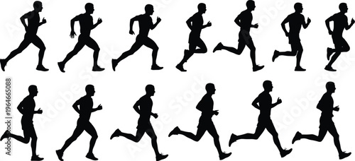 Running man silhouettes collection, athlete jogging and sprinting poses showing motion and fitness activity, sport illustration isolated on white background