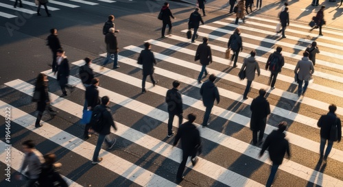 Aerial view of crowd of people walking across zebra crossing in city with motion blur and warm sunlight casting long shadows urban life and rush hour concept