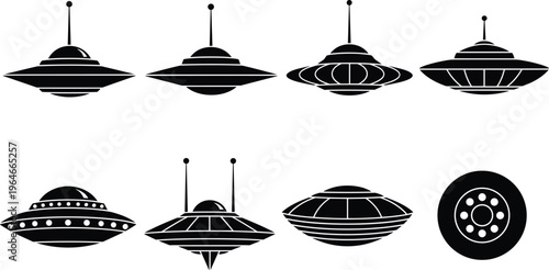UFO spaceship silhouettes set, flying saucer icons collection, alien spacecraft designs, science fiction concept, futuristic technology shapes, isolated on white background