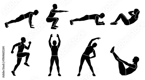 "Silhouettes of people performing bodyweight exercises"