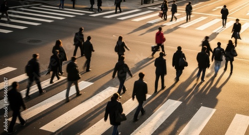 Aerial view of crowd of people walking on zebra crosswalk at golden sunset with long shadows on asphalt busy urban street life and motion concept AI generated