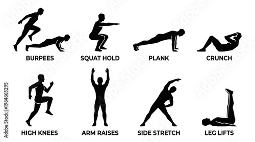 "Silhouettes of people performing bodyweight exercises"