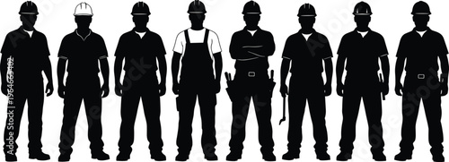 Construction workers silhouettes wearing hard hats standing in row, industrial labor team, engineering workforce, builder crew isolated on white background