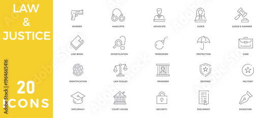 20 Modern Minimalist Law and Justice Line Icon Set Featuring Legal Court Defense and Crime Investigation Vector Symbols