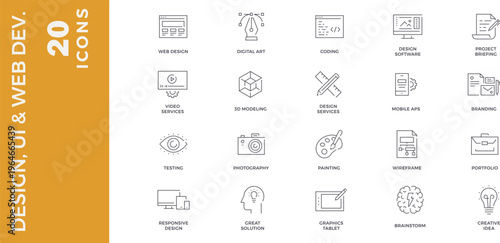 20 Modern Minimalist Digital Design and Creative Agency Line Icon Set Featuring Web UI UX and Branding Vector Symbols