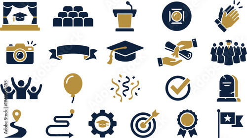 Foto Graduation ceremony icons set depicting celebration, achievement, academic progr