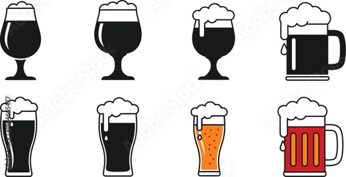 Collection of beer glass icons pint glasses, mugs, lager, stout, pilsner glasses, and goblets for bar menus or brewery marketing. 