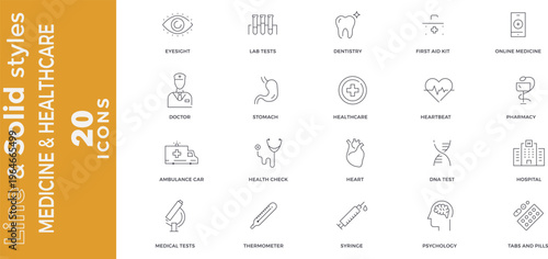 20 Modern Minimalist Medical and Healthcare Line Icon Set Featuring Professional Hospital and Pharmacy Vector Design