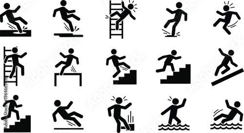 Types of falls and slip hazards, often used in workplace safety or caution signage. Slipping on a wet surface, falling off a ladder, stumbling down stairs, or tripping over an edge