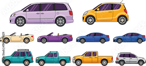 Flat Vector Illustration Set of Various Modern Car Types Including SUV Pickup Truck Sedan Hatchback Minivan and Convertible Isolated on White Background for Transportation Design