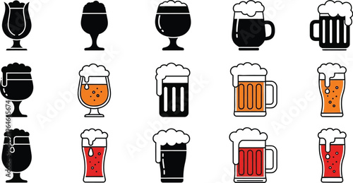 Collection of beer glass icons pint glasses, mugs, lager, stout, pilsner glasses, and goblets for bar menus or brewery marketing. 