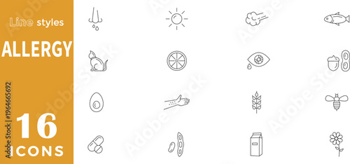 16 Modern Allergy and Food Intolerance Line Icon Set Featuring Healthcare and Dietary Warning Vector Symbols