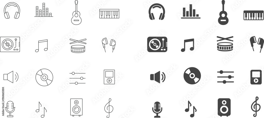 Fototapeta premium 32 Modern Music and Audio Production Icon Set Featuring Outline and Solid Glyph Styles for Sound Vector Design