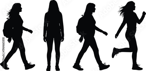 Young woman silhouettes collection, walking standing and running poses with backpack, active lifestyle and movement isolated on white background illustration