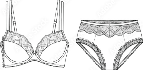 Lingerie set line art illustration, lace bra and panties outline, women's underwear fashion sketch, elegant intimate apparel isolated on white background