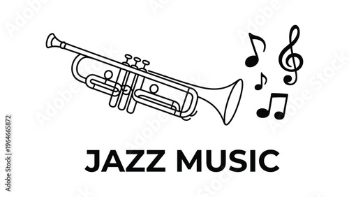 Jazz music line art illustration with trumpet and musical notes minimal outline instrument concept concert performance modern clean vector design