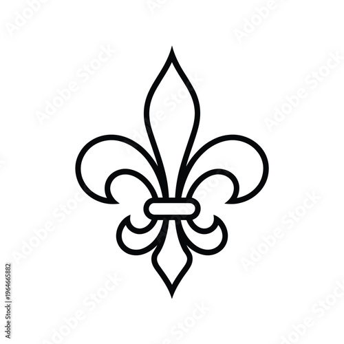 A detailed black and white illustration of a fleur de lis emblem