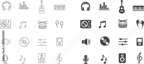32 Modern Music and Audio Production Icon Set Featuring Outline and Solid Glyph Styles for Sound Vector Design