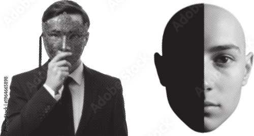 Halftone businessman and abstract face illustration with dotted, rough, and textured surface. Black and white comic pop art style, featuring grainy, bold, and unique details