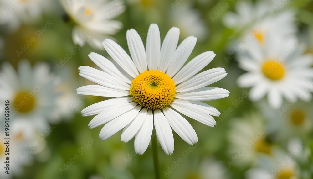 Obraz premium Close-up of a white daisy flower with a bright yellow center in a sunlit meadow, surrounded by soft blurred blooms and green foliage, capturing fresh springtime beauty and delicate natural detail