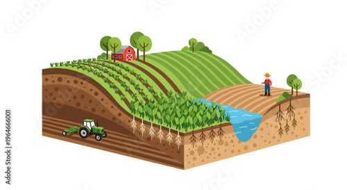 Isometric Farm Cross-Section: Agriculture, Soil Layers, Crop Cultivation, Irrigation, Farmer & Tractor for Sustainable Farming Practices