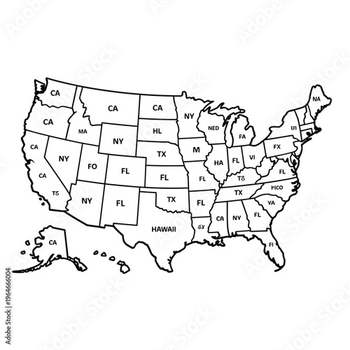 Simple black and white outline map of the united states with state labels