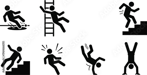 Types of falls and slip hazards, often used in workplace safety or caution signage. Slipping on a wet surface, falling off a ladder, stumbling down stairs, or tripping over an edge
