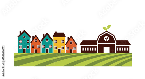 Vibrant Suburban Homes and Sustainable Farm Illustration on Green Fields, Symbolizing Community and Eco-Friendly Living
