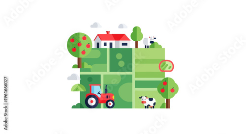 Flat Design Farm Landscape Illustration: House, Tractor, Fields, Trees, Cows - Agriculture & Rural Life Vector
