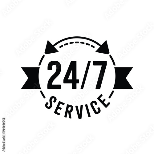 Black and white emblem displaying 24 7 service with circular and star shapes