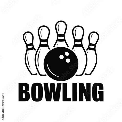 Black and white illustration depicts bowling pins and a striking ball