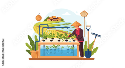Asian Farmer Tending Hydroponic Garden Amidst Traditional Rice Paddies – Sustainable Agriculture & Modern Food Production