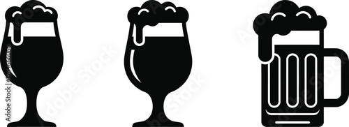Collection of beer glass icons pint glasses, mugs, lager, stout, pilsner glasses, and goblets for bar menus or brewery marketing. 