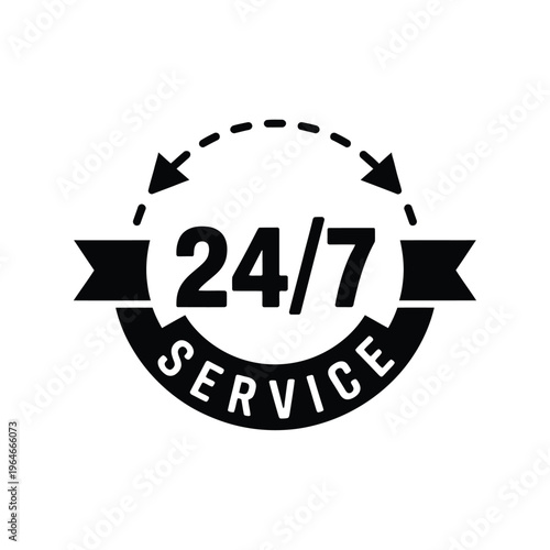 Black and white graphic displaying a 24 7 service availability symbol