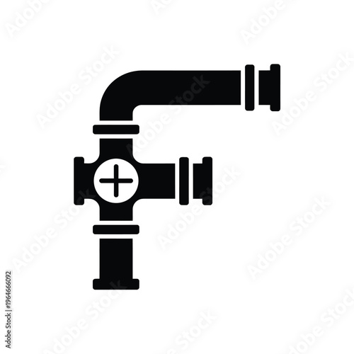 Black silhouette of a pipe fitting with a valve and connected pipes
