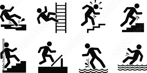 Types of falls and slip hazards, often used in workplace safety or caution signage. Slipping on a wet surface, falling off a ladder, stumbling down stairs, or tripping over an edge