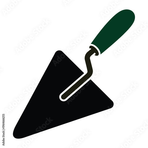 A simple graphic illustration of a dark trowel with a green handle