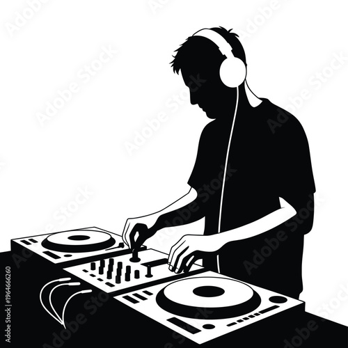 A silhouetted dj mixes music on turntables with headphones on