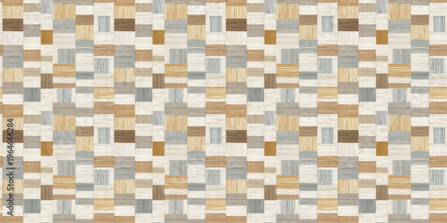 Seamless geometric pattern of wooden rectangular blocks in warm beige, tan, and brown tones, abstract patchwork tile background