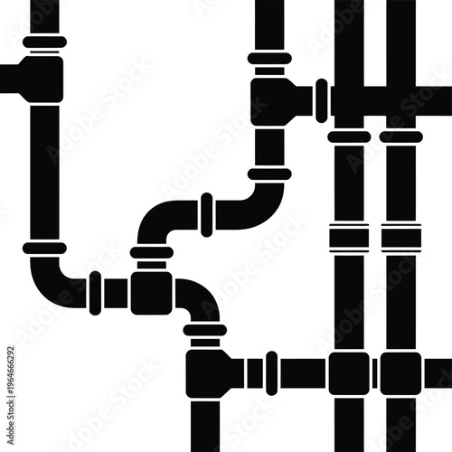 Abstract illustration of black pipes and fittings against a white background