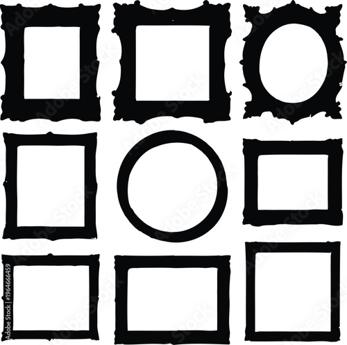 A set of golden picture frames in various shapes and sizes