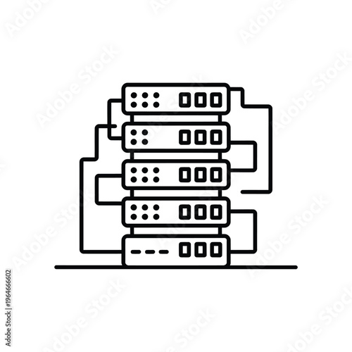 Line art illustration of a server rack with connected network components